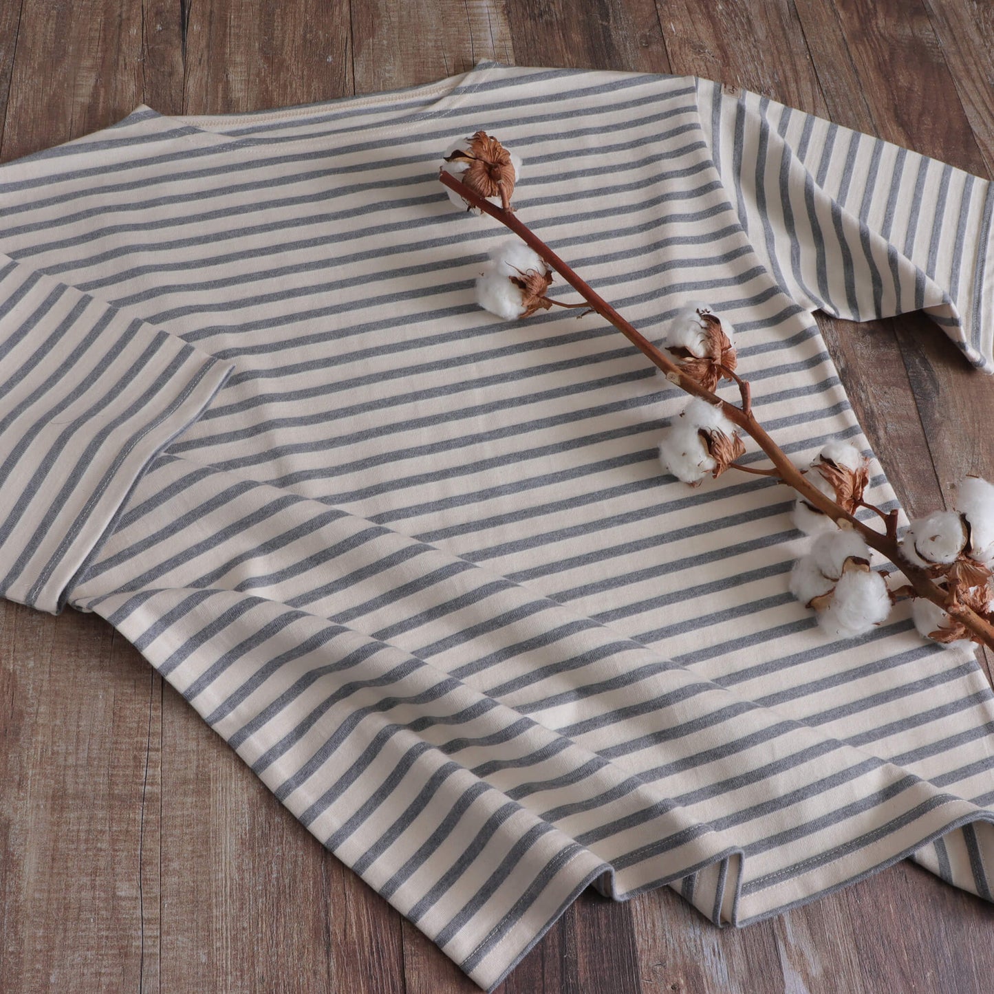 ボートネックボーダー半袖Tシャツ(5分袖)Light Gray