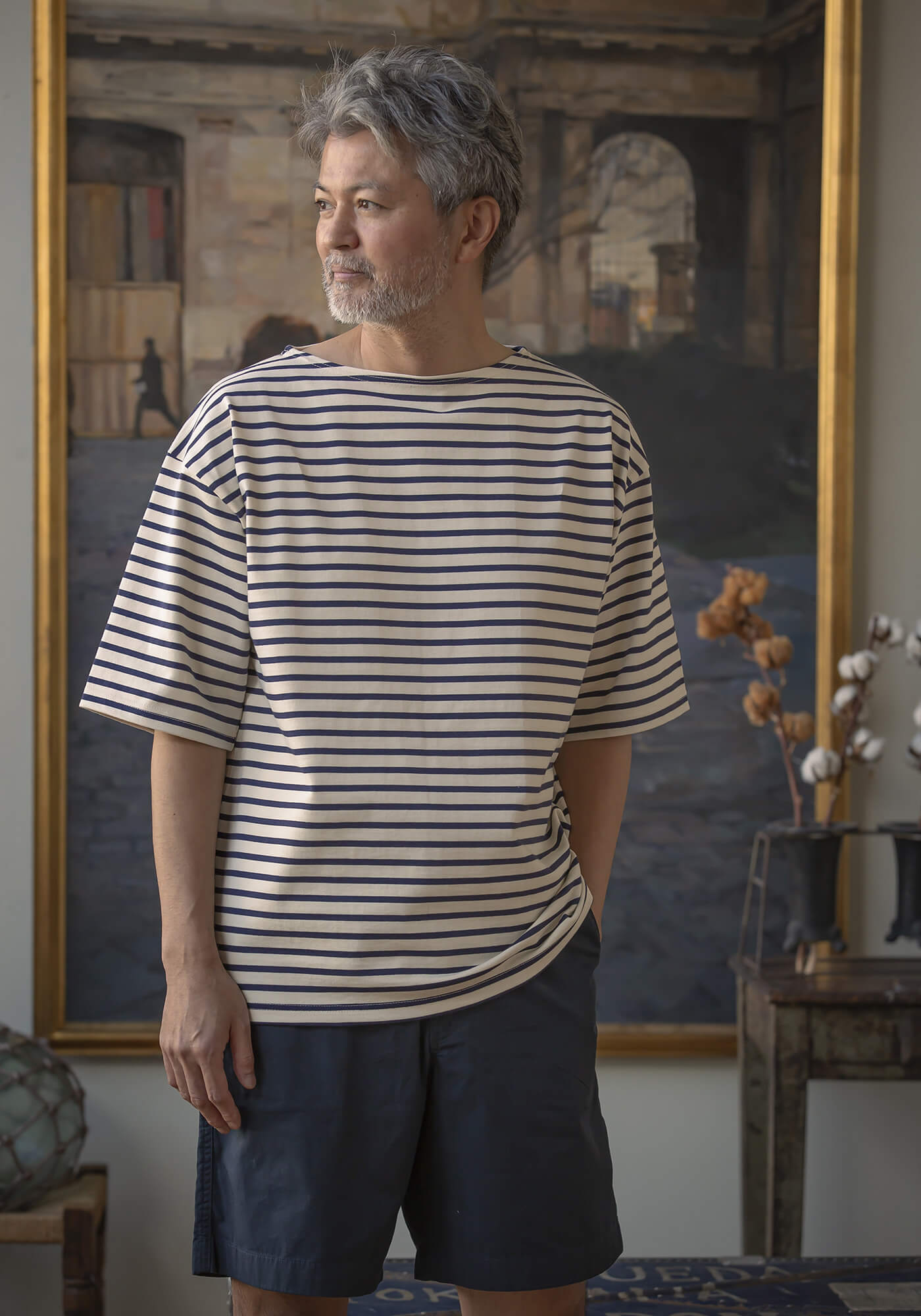 ボートネックボーダー半袖Tシャツ(5分袖)Navy