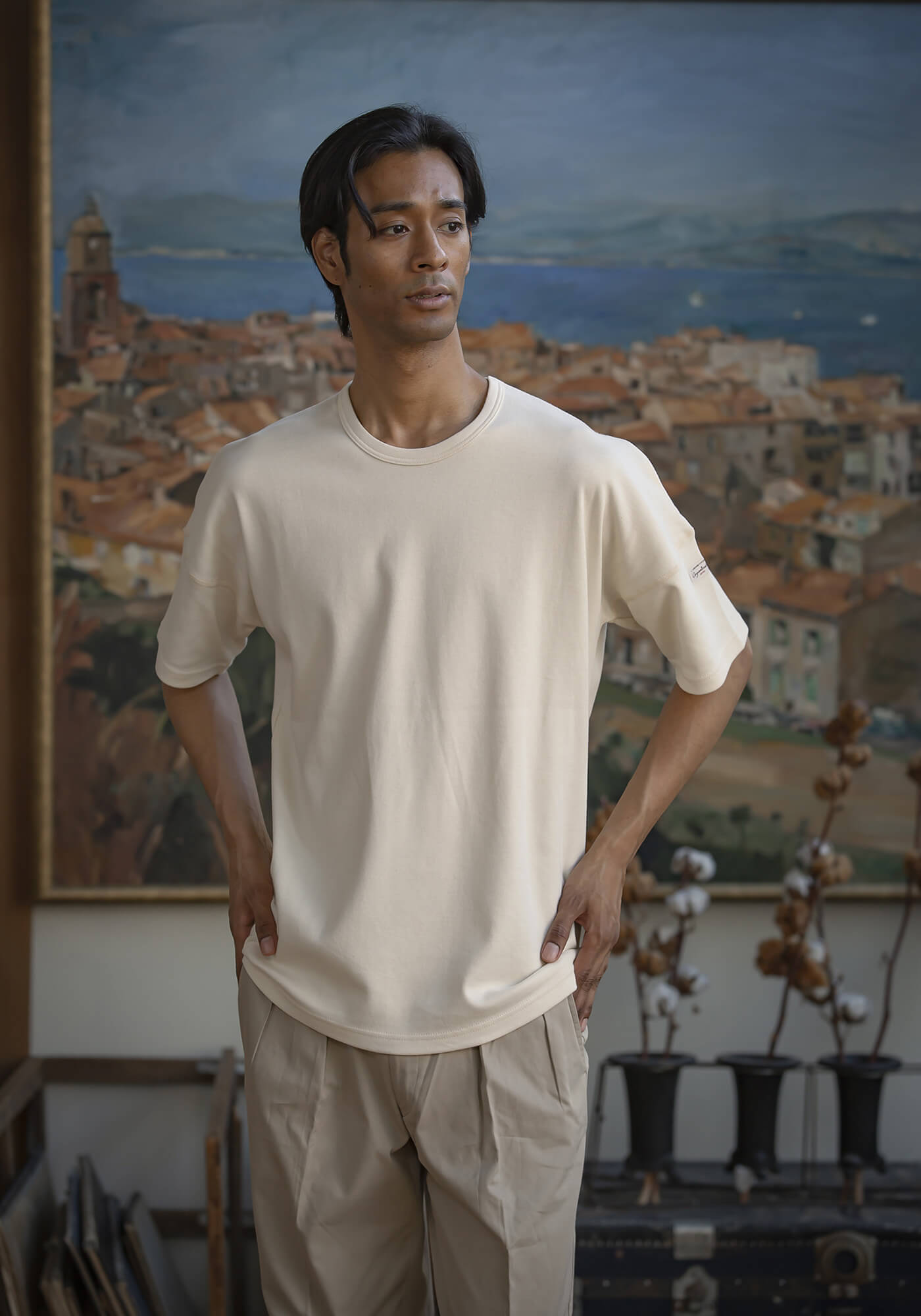 スムースニット半袖Tシャツ（Creem White）